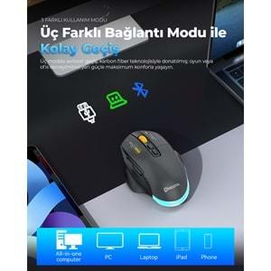 Mkespn W601B Gaming Mouse Kablosuz + Kablolu 12800 Dpi 7 Tuş Makro 1000Hz Rgb Oyuncu Mouse Siyah