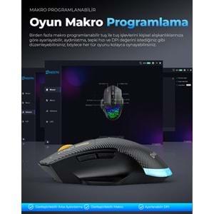 Mkespn W601B Gaming Mouse Kablosuz + Kablolu 12800 Dpi 7 Tuş Makro 1000Hz Rgb Oyuncu Mouse Siyah