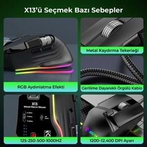 Mkespn X13 Gaming Mouse Kablolu 12400 Dpi 10 Tuş Makro Rgb Oyuncu Mouse Siyah