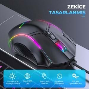 Mkespn X15 Gaming Mouse Kablolu 12800 Dpi 12 Tuş Makro 1000Hz Rgb Oyuncu Mouse Siyah
