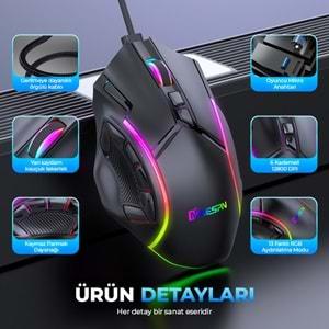 Mkespn X15 Gaming Mouse Kablolu 12800 Dpi 12 Tuş Makro 1000Hz Rgb Oyuncu Mouse Siyah