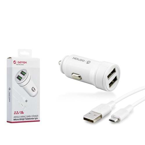 GENAX GNX015 MICRO USB 2USB ARAÇ ŞARJ ADAPTÖRÜ SET 3.2A 15W BEYAZ