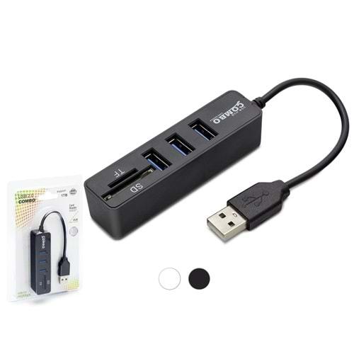 HADRON HDX7009 USB HUB COMBO 3PORT USB+SD/TF CARD READER SİYAH 1TB 480MBPS SİYAH