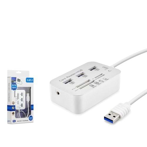 HADRON HDX7028 USB3.0 HUB COMBO 3PORT+MS/SD/M2/TF CARD READER 7IN1 5/10 GBPS 20CM BEYAZ