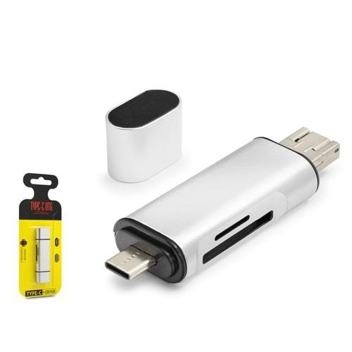 Hadron HDX7053 Type-C OTG Kart Okuyucu | microSD + SD Destekli | 480Mbps Gri