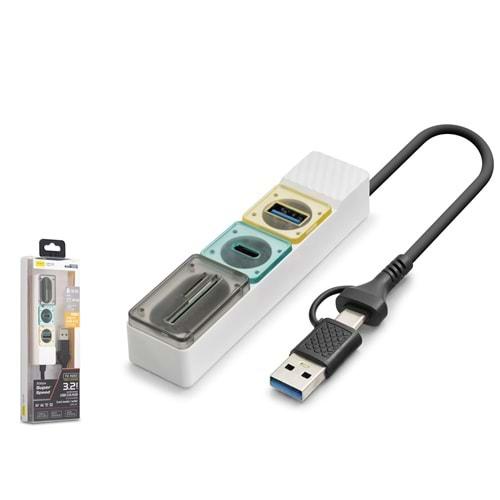 Hadron HDX7058 Hub 5Gbps 1x USB-C 3.2 + 1x USB-A 3.2 + SD + microSD 4 Port 2in1 Kablolu Kart Okuyucu Beyaz