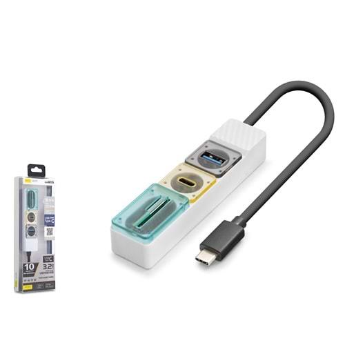 Hadron HDX7059 Type-C Hub 10Gbps 1x USB-C 3.2 Gen2 + 1x USB-A 3.2 Gen2 + SD + microSD 4 Port Kart Okuyucu Beyaz