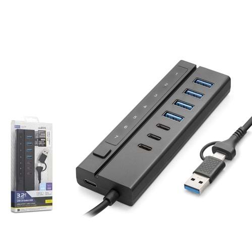 Hadron HDX7062 USB Hub 5Gbps 4x USB-A 3.2 + 3x USB-C 3.2 7 Port 2in1 Kablolu Çoklayıcı Siyah