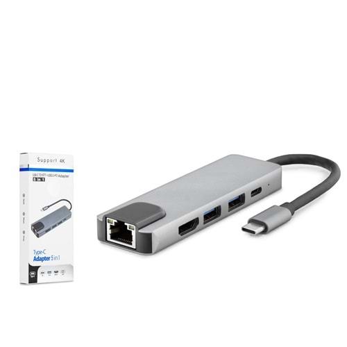 HADRON HDX7788 TYPE-C HUB 2PORT USB3.0 + 1 PORT TYPE-C + 1PORT HDMI + 1PORT ETHERNET + HDTV 5IN1 4K MAC PD GRİ