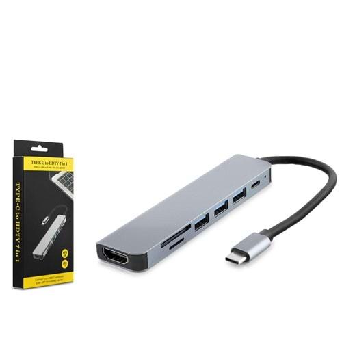 HADRON HDX7835 TYPE-C (M) TO 3USB3.0+TYPE-C+HDMI+ETHERNET (7F) MULTI FUNCTION ADAPÖR 7IN1 GRİ